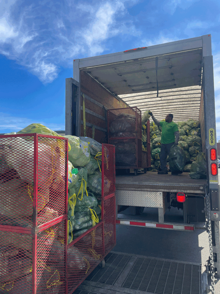 Worker loading bags of recyclable materials into a large truck under a clear blue sky.