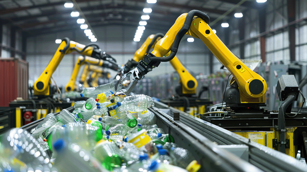 Robotic arms sorting plastic bottles on a conveyor belt in a recycling facility.